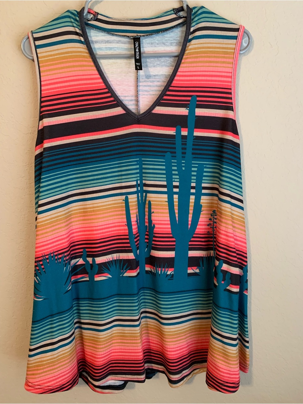 Crazy Train Loose Fit Tunic Soft Stretch Western Boho Sleeveless Sz L